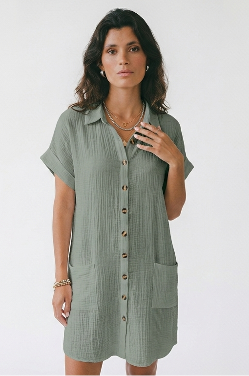 Vestido Caleta — Mini de Lino Manga Tres Cuartos — detalle de tejido